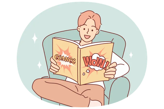 Mann mit Lächeln im Gesicht liest Comics über Superhelden, die die Welt retten  Illustration