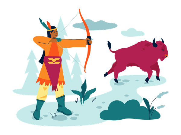 Mann mit einer handgefertigten Waffe ist bereit, einen Pfeil auf einen rennenden Bison zu schießen  Illustration