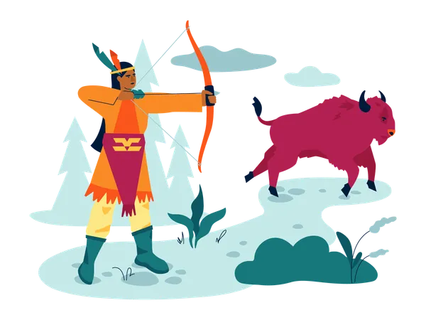 Mann mit einer handgefertigten Waffe ist bereit, einen Pfeil auf einen rennenden Bison zu schießen  Illustration