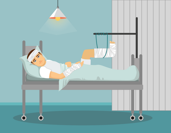 Mann mit gebrochenem Bein und Hand im Krankenhausbett  Illustration