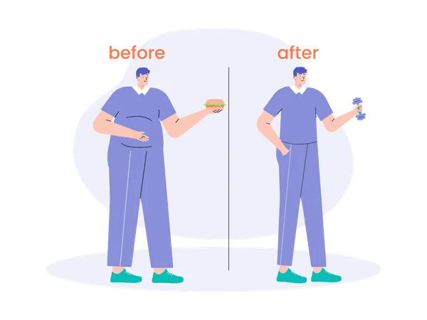 Mann mit Gewichtsverlust vor und nach der Gewichtsabnahme  Illustration