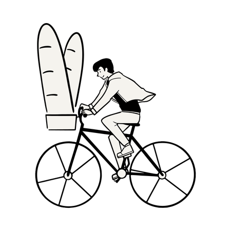 Mann mit großem Baguette auf Fahrrad  Illustration
