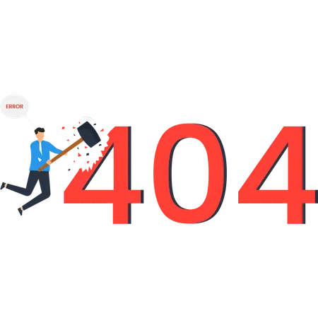 Mann mit Hammer bricht Nummer Website-Seite nicht gefunden  Illustration