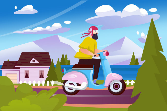 Mann mit Helm fährt Moped auf der Straße  Illustration