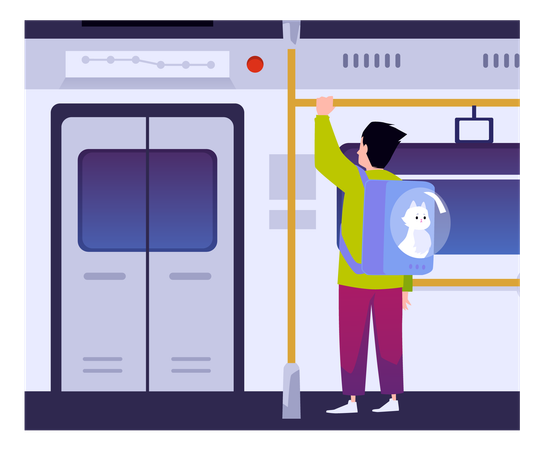Mann mit Katze im Rucksack im öffentlichen Verkehr  Illustration