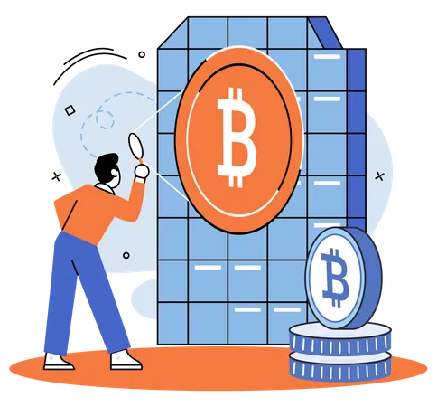 Mann mit Lupe arbeitet in Bitcoin-Mine  Illustration