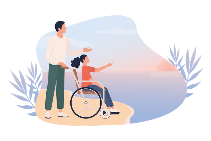Mann mit Mädchen sitzt im Rollstuhl am Strand  Illustration