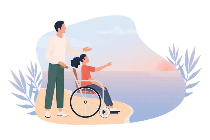 Mann mit Mädchen sitzt im Rollstuhl am Strand  Illustration