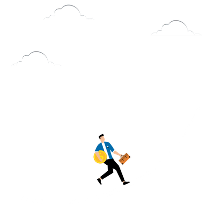 Mann mit Münze läuft in aufsteigendem Pfeil  Illustration