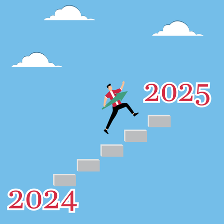 Mann mit Pfeil springt von 2024 nach 2025  Illustration