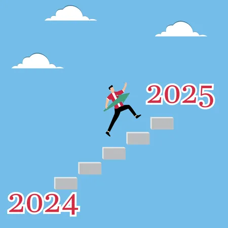 Mann mit Pfeil springt von 2024 nach 2025  Illustration