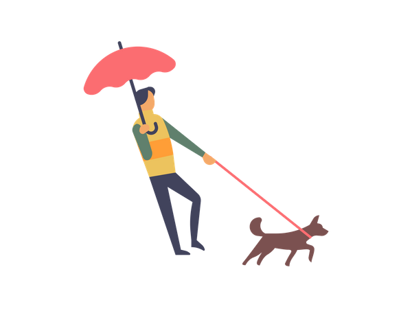 Mann mit Regenschirm geht mit seinem Hund spazieren  Illustration