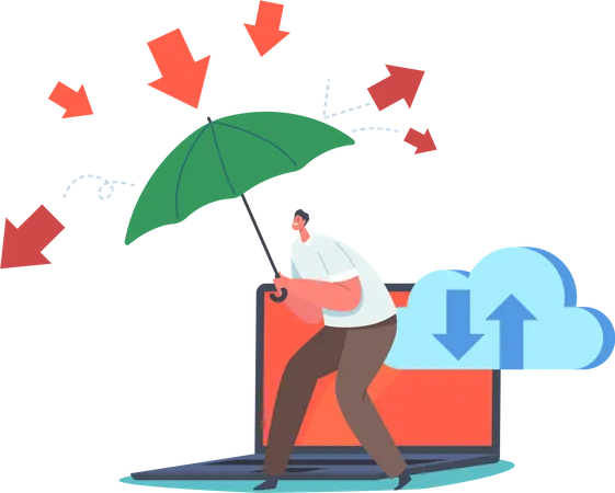 Mann mit Regenschirm schützt Computer vor Virenangriffen  Illustration