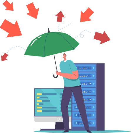 Mann mit Regenschirm schützt Computer vor Virenangriffen  Illustration