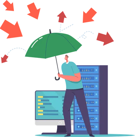 Mann mit Regenschirm schützt Computer vor Virenangriffen  Illustration