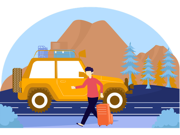 Mann mit Reisetasche auf dem Weg zu Jeep Travel  Illustration