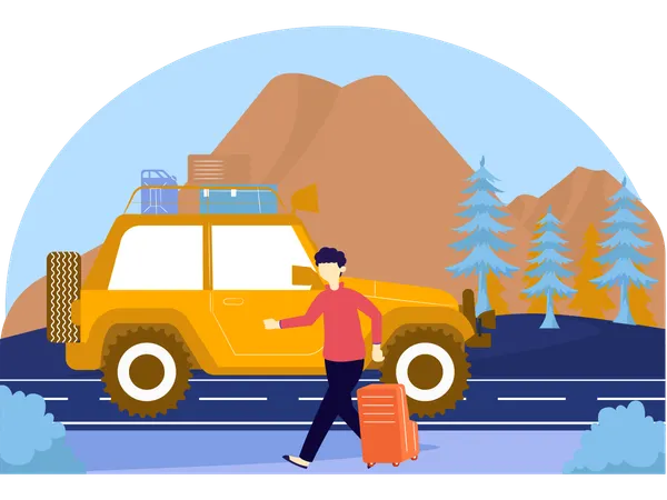 Mann mit Reisetasche auf dem Weg zu Jeep Travel  Illustration