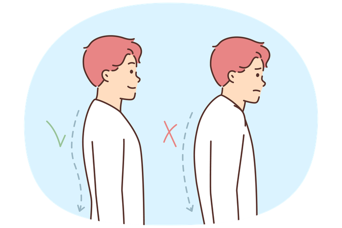 Mann mit richtiger und falscher Haltung oder versteckter Wirbelsäule, die sich negativ auf die Gesundheit auswirkt  Illustration