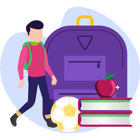 Mann mit Rucksack und Büchern steht neben einem Fußball auf dem Rasen  Illustration