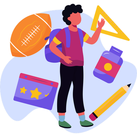 Mann mit Rucksack und Schulmaterial in einer Außenumgebung  Illustration