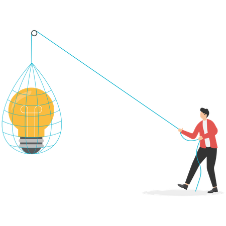 Mann mit Schmetterlingsnetz fängt fliegende geflügelte Glühbirne  Illustration