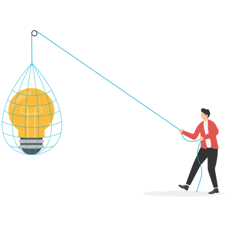 Mann mit Schmetterlingsnetz fängt fliegende geflügelte Glühbirne  Illustration