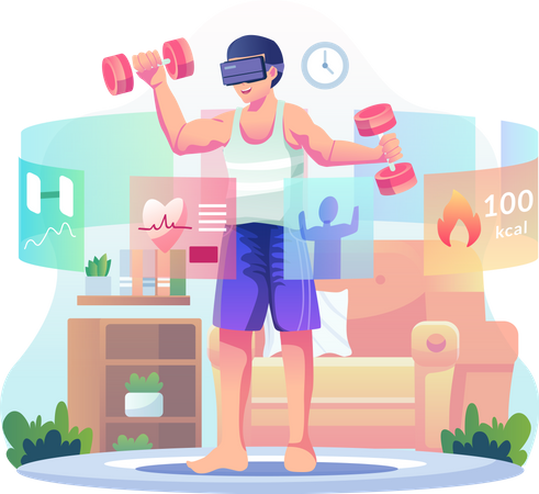 Mann mit VR-Brille beim Workout zu Hause  Illustration