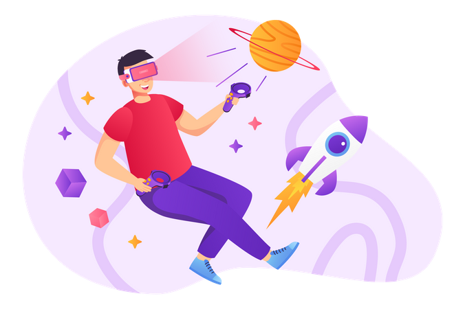 Mann mit VR-Brille und spielt VR-Spiel  Illustration