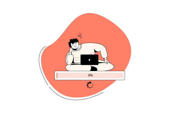 Mann mit Ladebildschirm auf Laptop müde  Illustration