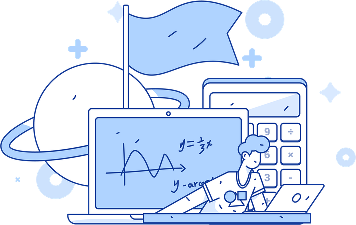 Mann besucht Online-Mathematikunterricht  Illustration