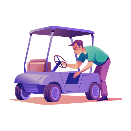 Mann holt Sachen aus Golfwagen  Illustration