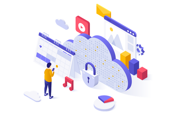 Mann nutzt Cloud-Planungstechnologie  Illustration