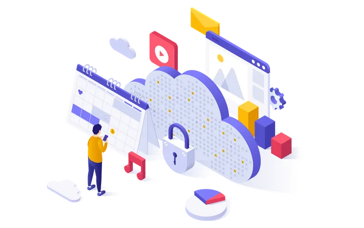 Mann nutzt Cloud-Planungstechnologie  Illustration