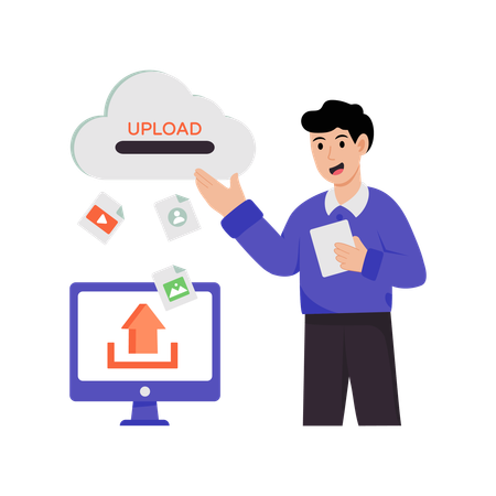 Mann nutzt Cloud-Upload-Dienst  Illustration