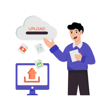 Mann nutzt Cloud-Upload-Dienst  Illustration