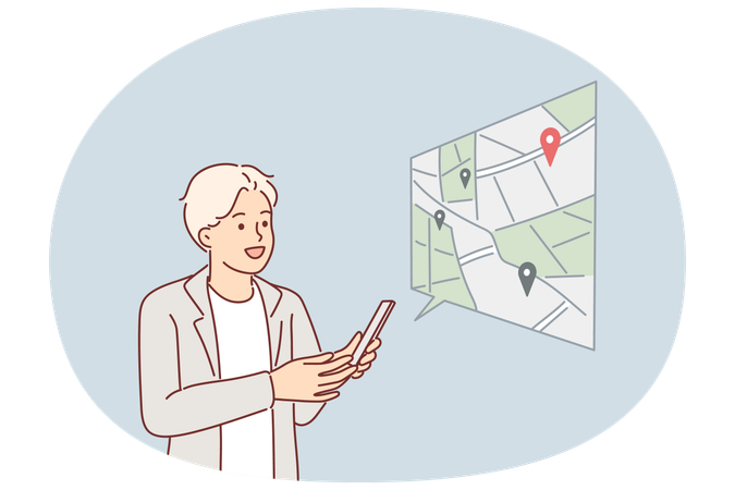 Mann nutzt Navigationssystem auf dem Handy und erstellt Route auf der Karte  Illustration