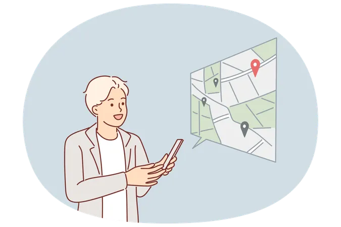 Mann nutzt Navigationssystem auf dem Handy und erstellt Route auf der Karte  Illustration