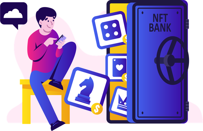 Mann nutzt NFT Mobile Banking  Illustration