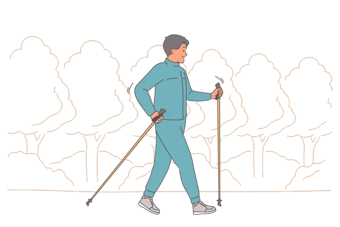 Mann nutzt Nordic Walking für Spaziergänge im Park und einen aktiven Lebensstil, der das Wohlbefinden steigert  Illustration