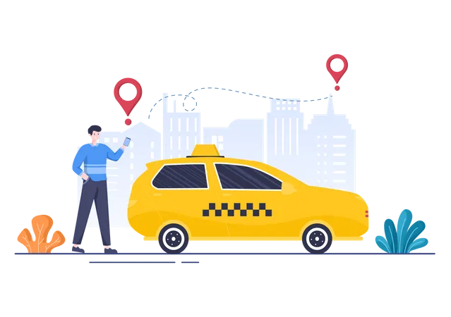 Mann nutzt App zur Online-Taxibuchung  Illustration