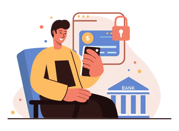 Mann nutzt sichere Mobile-Banking-Dienste  Illustration