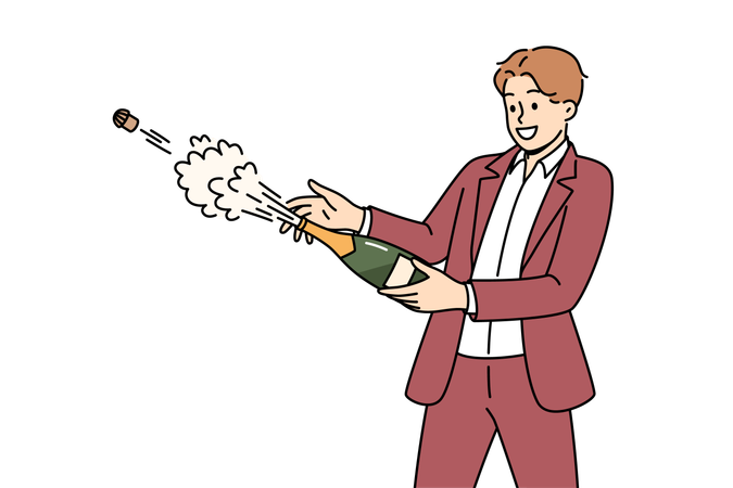Mann öffnet Flasche Champagner, um Geburtstag auf Party mit Freunden zu feiern  Illustration