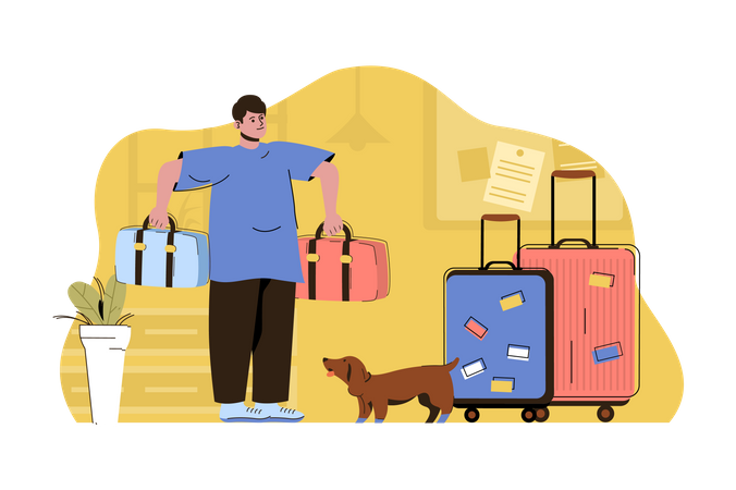 Mann packt Gepäck und bereitet sich auf eine Urlaubsreise vor  Illustration