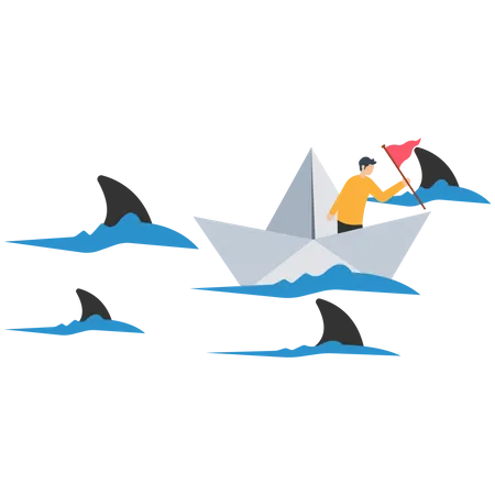 Mann aus Papierboot mit Flagge im Ozean  Illustration