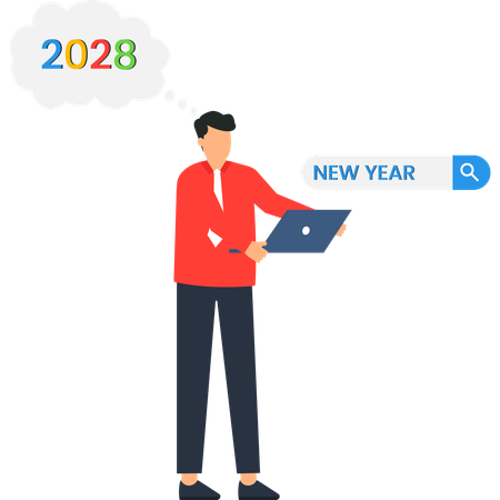 Mann plant 2028 Neujahrsziele Laptop Suchstrategie  Illustration