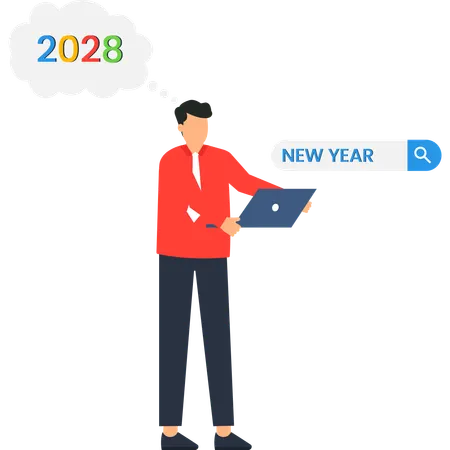 Mann plant 2028 Neujahrsziele Laptop Suchstrategie  Illustration