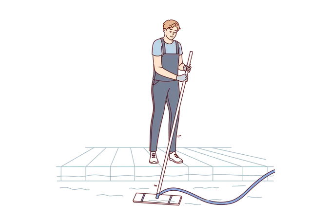 Mann saugt mit elektrischem Staubsauger und Schlauch Algen und Schmutz vom Boden seines Pools ab  Illustration