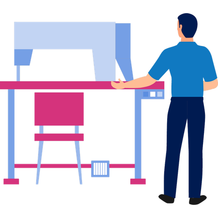 Mann präsentiert Kleidung Nähmaschine  Illustration