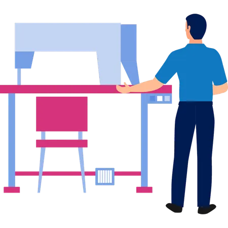 Mann präsentiert Kleidung Nähmaschine  Illustration