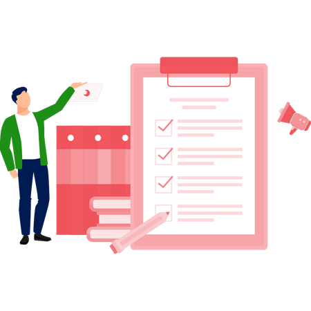 Mann präsentiert Produktcheckliste  Illustration